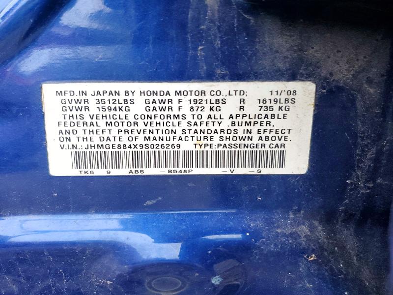 70010946 :رقم المزاد ، JHMGE884X9S026269 vin ، 2009 Honda Fit مزاد بيع
