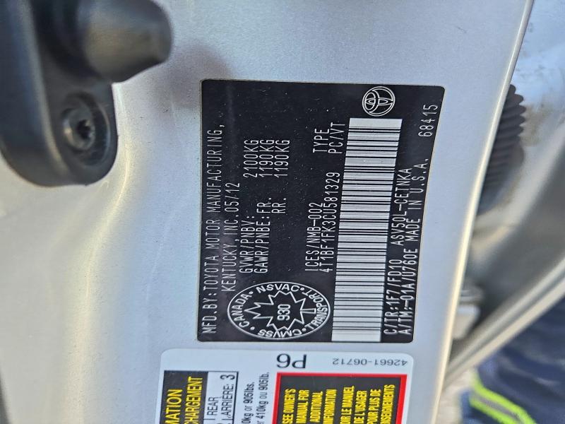 2012 Toyota Camry მანქანა იყიდება აუქციონზე, vin: 4T1BF1FK3CU581329, აუქციონის ნომერი: 61033556