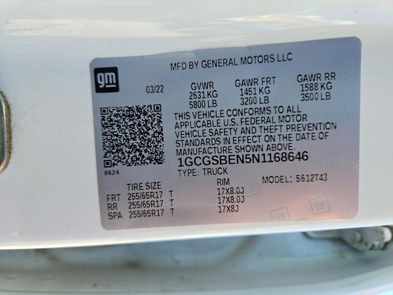 2022 Chevrolet Colorado მანქანა იყიდება აუქციონზე, vin: 1GCGSBEN5N1168646, აუქციონის ნომერი: 70131886