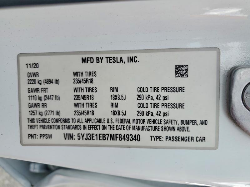 Aukcja sprzedaży 2021 Tesla Model 3, vin: 5YJ3E1EB7MF849340, numer aukcji: 68697216