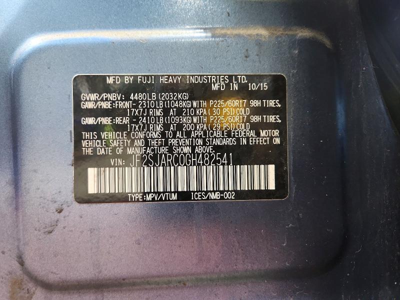 2016 Subaru Forester მანქანა იყიდება აუქციონზე, vin: JF2SJARC0GH482541, აუქციონის ნომერი: 66984546