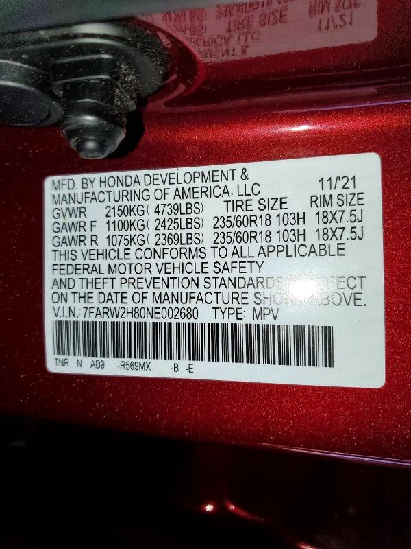 2022 Honda Cr-v მანქანა იყიდება აუქციონზე, vin: 7FARW2H80NE002680, აუქციონის ნომერი: 68100726