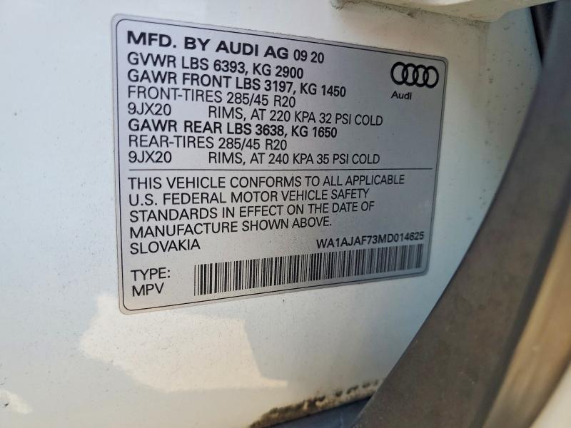 2021 Audi Q7 მანქანა იყიდება აუქციონზე, vin: WA1AJAF73MD014625, აუქციონის ნომერი: 68992426