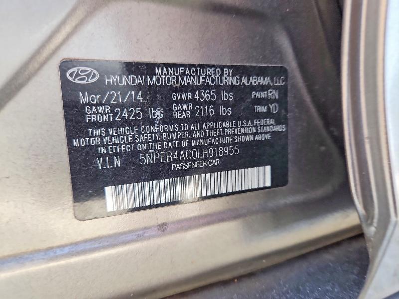 2014 Hyundai Sonata მანქანა იყიდება აუქციონზე, vin: 5NPEB4AC0EH918955, აუქციონის ნომერი: 69942306