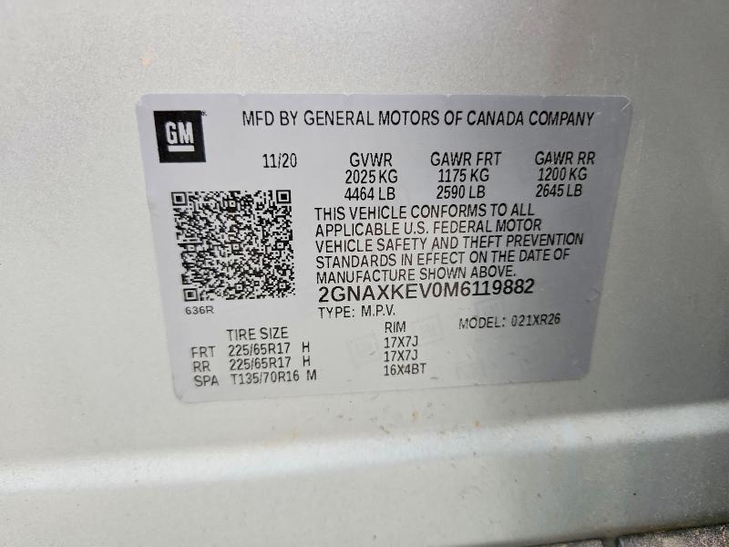 Aukcja sprzedaży 2021 Chevrolet Equinox, vin: 2GNAXKEV0M6119882, numer aukcji: 68081416