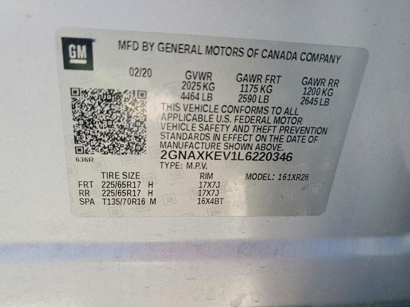 Aukcja sprzedaży 2020 Chevrolet Equinox, vin: 2GNAXKEV1L6220346, numer aukcji: 67311296