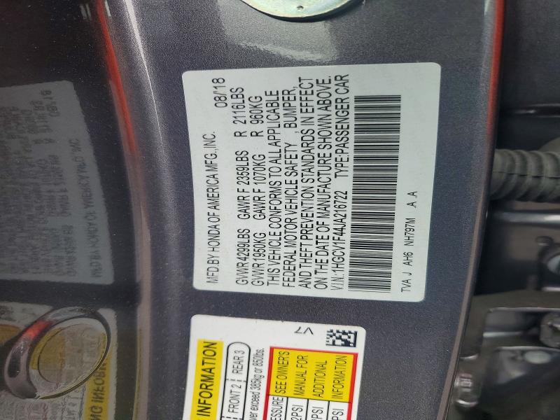69389876 :رقم المزاد ، 1HGCV1F44JA216722 vin ، 2018 Honda Accord مزاد بيع