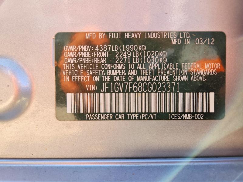 2012 Subaru Impreza მანქანა იყიდება აუქციონზე, vin: JF1GV7F68CG023371, აუქციონის ნომერი: 67236706
