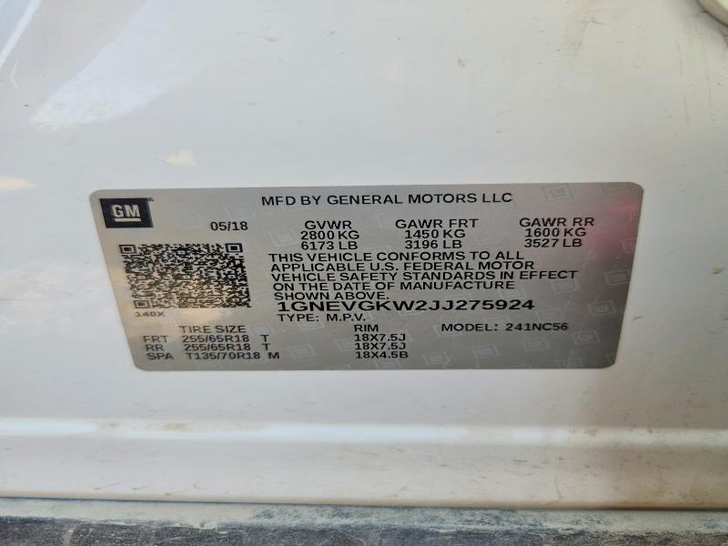 66414036 :رقم المزاد ، 1GNEVGKW2JJ275924 vin ، 2018 Chevrolet Traverse مزاد بيع