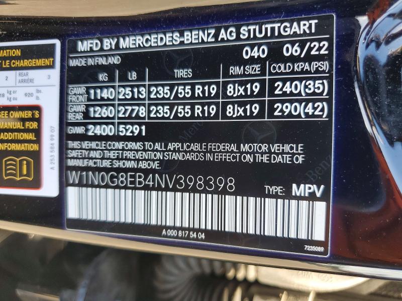 2022 Mercedes-benz Glc მანქანა იყიდება აუქციონზე, vin: W1N0G8EB4NV398398, აუქციონის ნომერი: 67967566