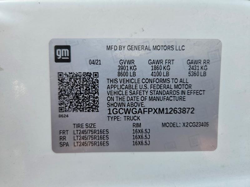 Auction sale of the 2021 Chevrolet Express G2500, vin: 1GCWGAFPXM1263872, lot number: 68595246