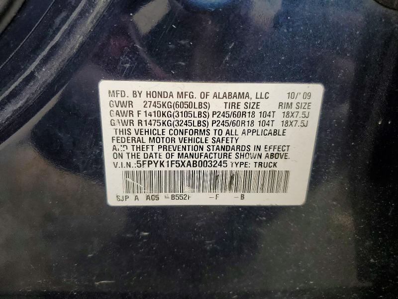 2010 Honda Ridgeline მანქანა იყიდება აუქციონზე, vin: 5FPYK1F5XAB003245, აუქციონის ნომერი: 69775756