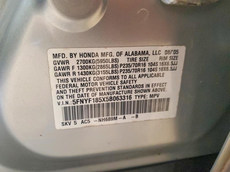 2005 Honda Pilot მანქანა იყიდება აუქციონზე, vin: 5FNYF185X5B063316, აუქციონის ნომერი: 68986446
