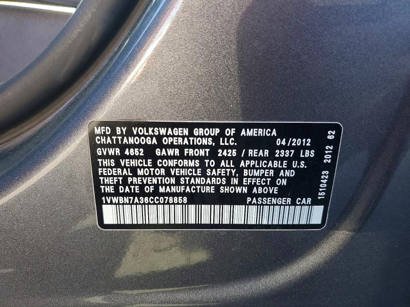 Aukcja sprzedaży 2012 Volkswagen Passat, vin: 1VWBN7A36CC078858, numer aukcji: 67330946