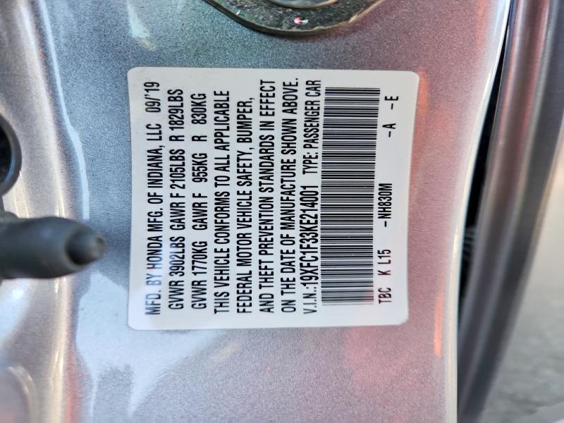 2019 Honda Civic მანქანა იყიდება აუქციონზე, vin: 19XFC1F33KE214001, აუქციონის ნომერი: 68504436
