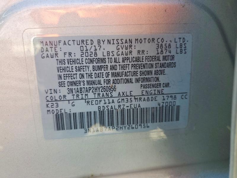 2017 Nissan Sentra მანქანა იყიდება აუქციონზე, vin: 3N1AB7AP2HY260956, აუქციონის ნომერი: 67859516
