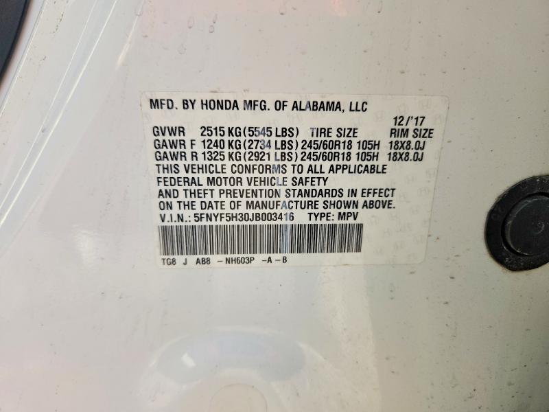 Продажа на аукционе авто 2018 Honda Pilot, vin: 5FNYF5H30JB003416, номер лота: 70974326