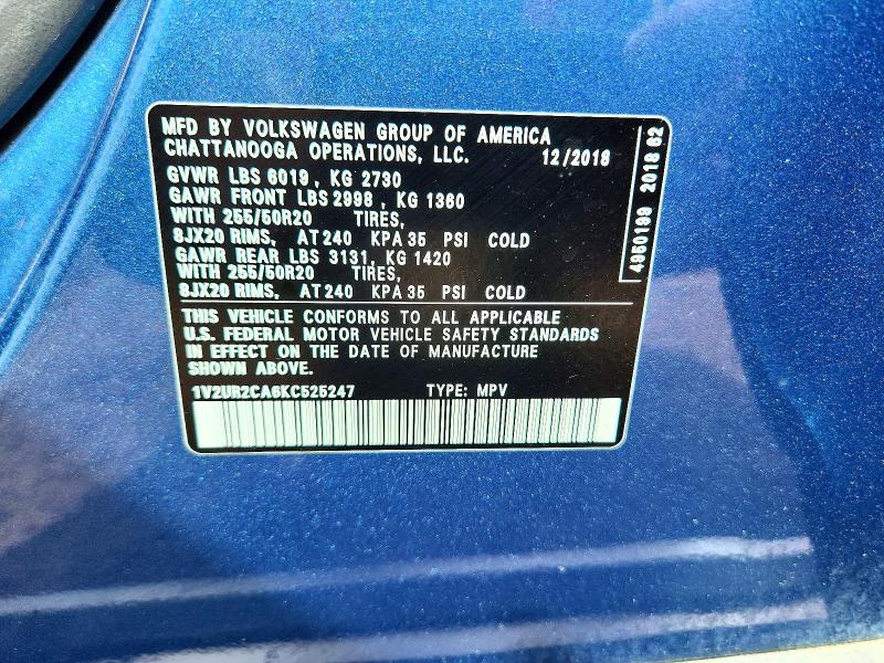 Продажа на аукционе авто 2019 Volkswagen Atlas, vin: 1V2UR2CA6KC525247, номер лота: 70600956