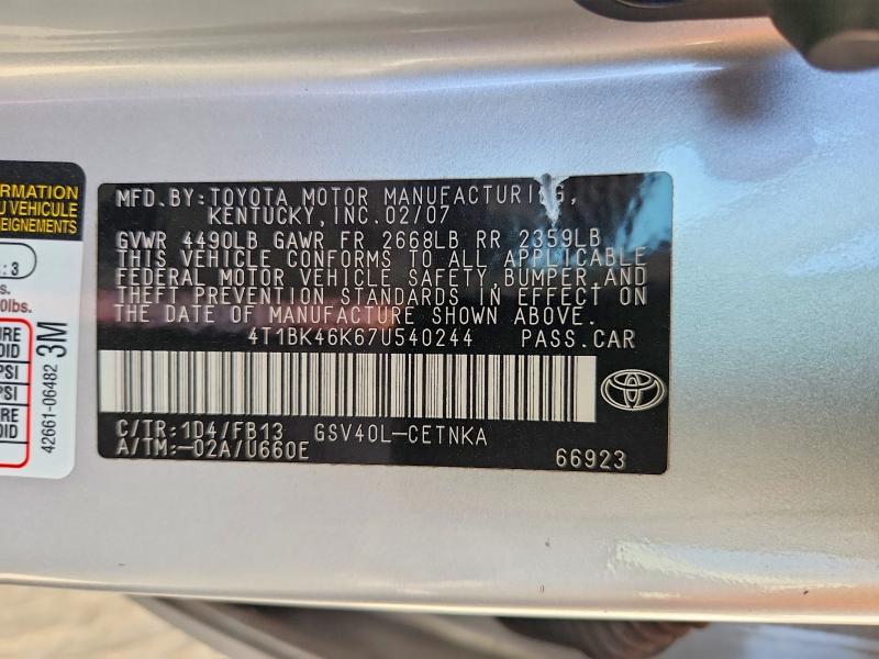 Aukcja sprzedaży 2007 Toyota Camry, vin: 4T1BK46K67U540244, numer aukcji: 70096996
