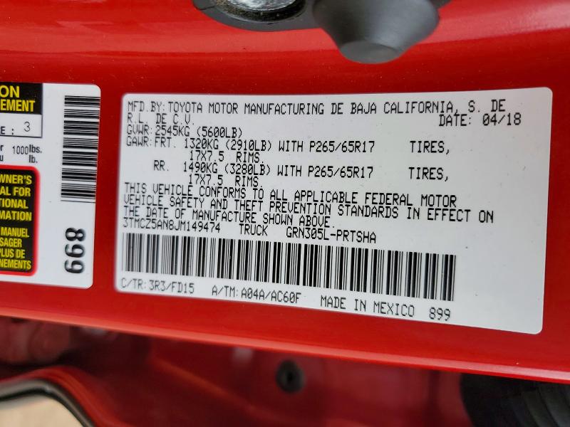 Продаж на аукціоні авто 2018 Toyota Tacoma, vin: 3TMCZ5AN8JM149474, номер лоту: 69005016