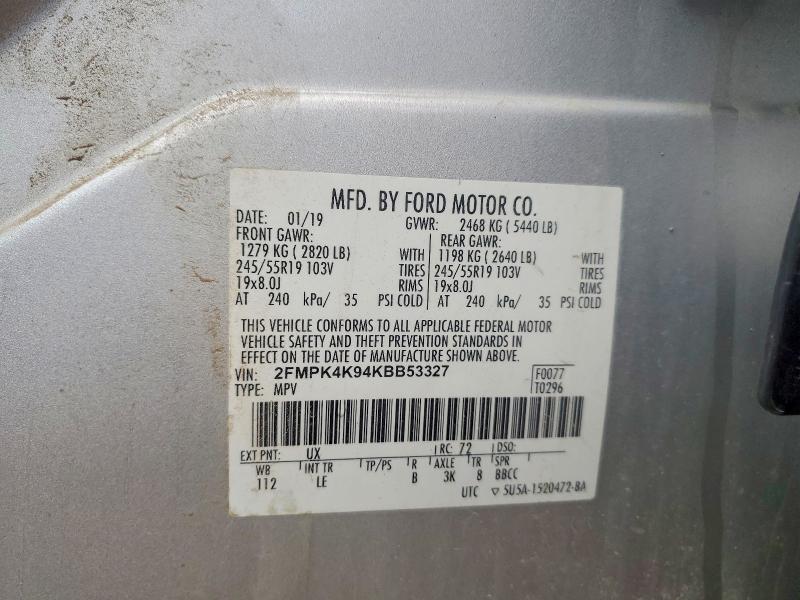 67852586 :رقم المزاد ، 2FMPK4K94KBB53327 vin ، 2019 Ford Edge مزاد بيع