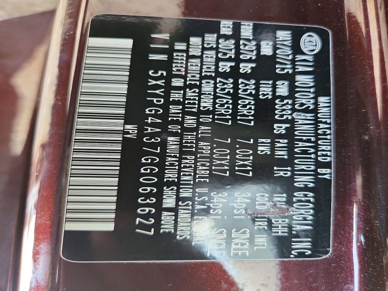 69240106 :رقم المزاد ، 5XYPG4A37GG063627 vin ، 2016 Kia Sorento مزاد بيع