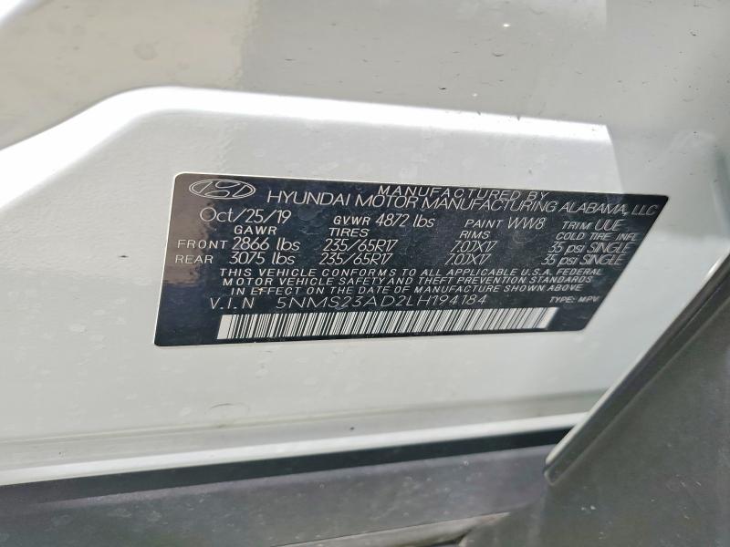 2020 Hyundai Santa Fe მანქანა იყიდება აუქციონზე, vin: 5NMS23AD2LH194184, აუქციონის ნომერი: 68308066
