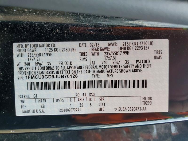 2018 Ford Escape მანქანა იყიდება აუქციონზე, vin: 1FMCU9GD9JUB76128, აუქციონის ნომერი: 67855096