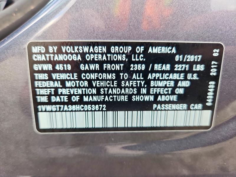 67863826 :رقم المزاد ، 1VWGT7A36HC053672 vin ، 2017 Volkswagen Passat مزاد بيع