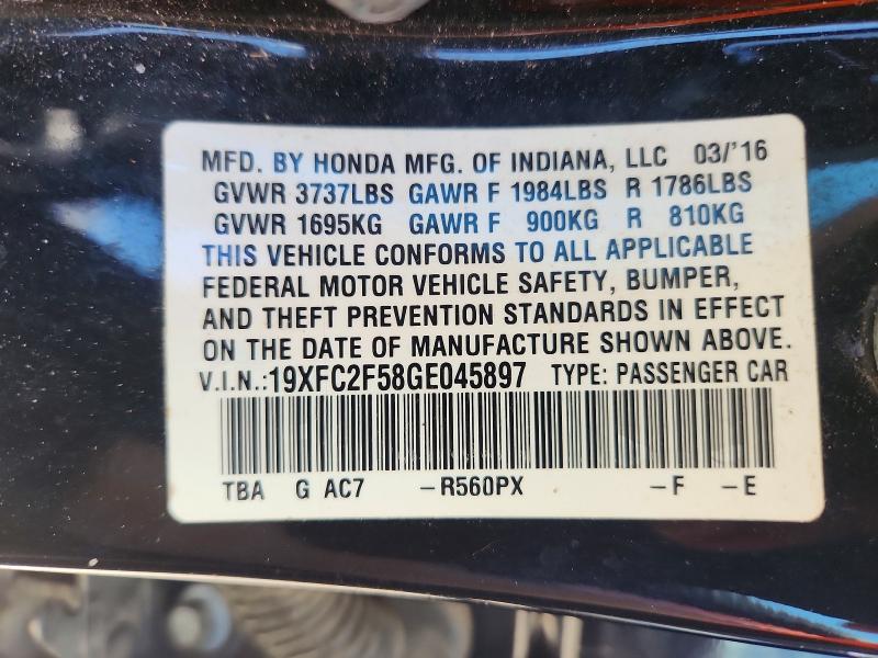 Aukcja sprzedaży 2016 Honda Civic, vin: 19XFC2F58GE045897, numer aukcji: 67606406