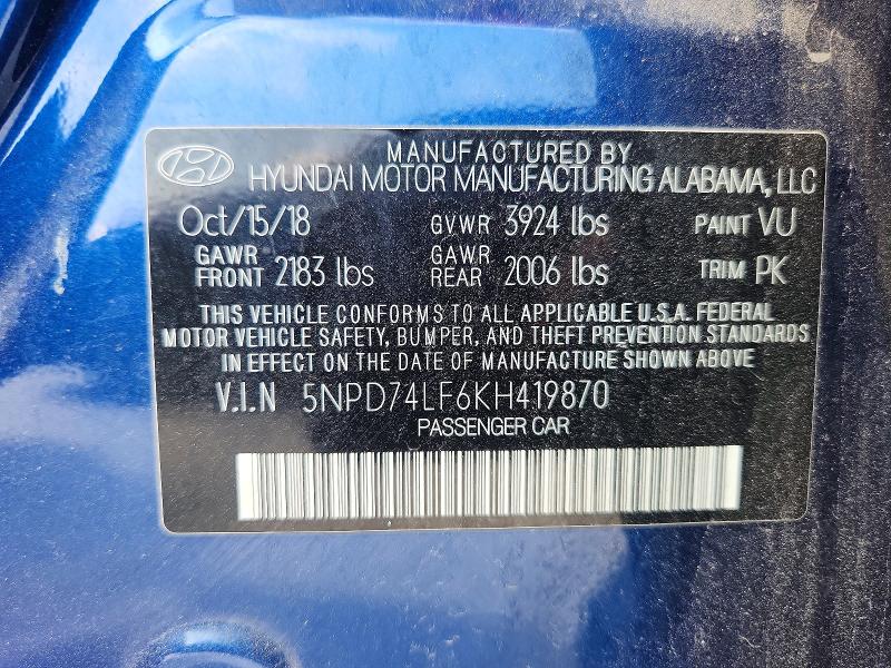 2019 Hyundai Elantra მანქანა იყიდება აუქციონზე, vin: 5NPD74LF6KH419870, აუქციონის ნომერი: 67735926