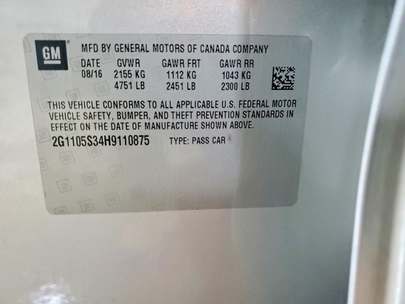 70785556 :رقم المزاد ، 2G1105S34H9110875 vin ، 2017 Chevrolet Impala مزاد بيع
