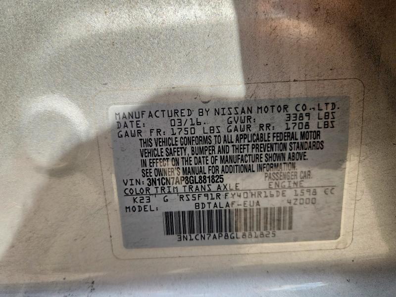 Продаж на аукціоні авто 2016 Nissan Versa, vin: 3N1CN7AP8GL881825, номер лоту: 67483596
