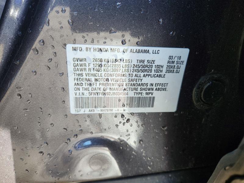 Продажа на аукционе авто 2018 Honda Pilot, vin: 5FNYF6H92JB034564, номер лота: 68045816
