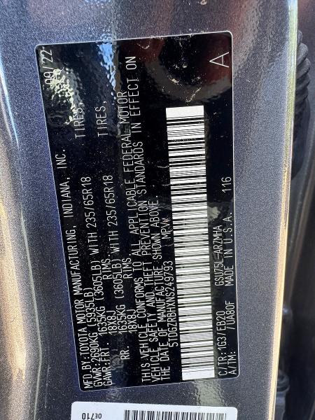 70570606 :رقم المزاد ، 5TDGZRBHXNS249793 vin ، 2022 Toyota Highlander مزاد بيع