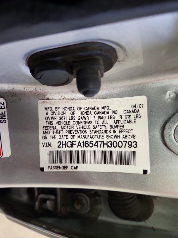 69747726 :رقم المزاد ، 2HGFA16547H300793 vin ، 2007 Honda Civic مزاد بيع