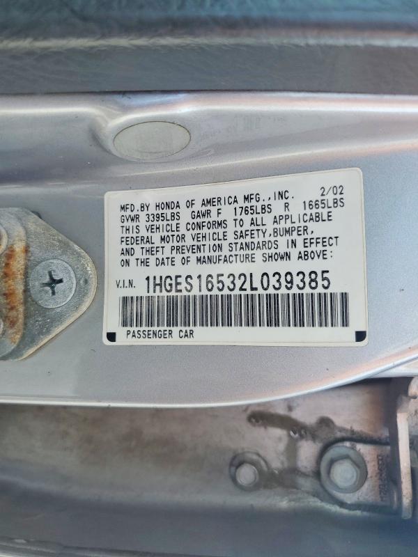 2002 Honda Civic მანქანა იყიდება აუქციონზე, vin: 1HGES16532L039385, აუქციონის ნომერი: 69867596