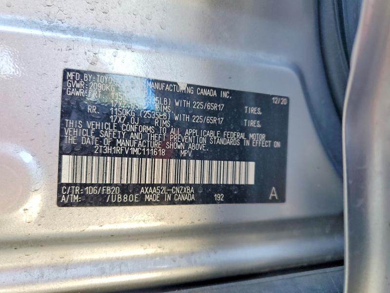 67509986 :رقم المزاد ، 2T3H1RFV1MC111618 vin ، 2021 Toyota Rav4 مزاد بيع