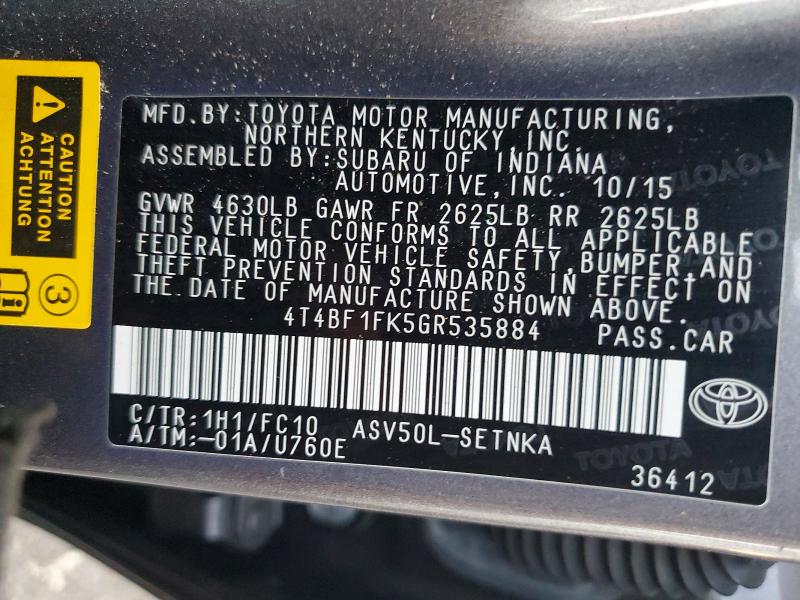 68101036 :رقم المزاد ، 4T4BF1FK5GR535884 vin ، 2016 Toyota Camry مزاد بيع