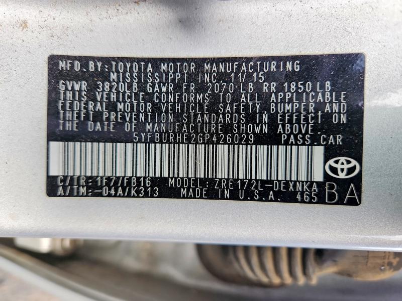 Aukcja sprzedaży 2016 Toyota Corolla, vin: 5YFBURHE2GP426029, numer aukcji: 68702976
