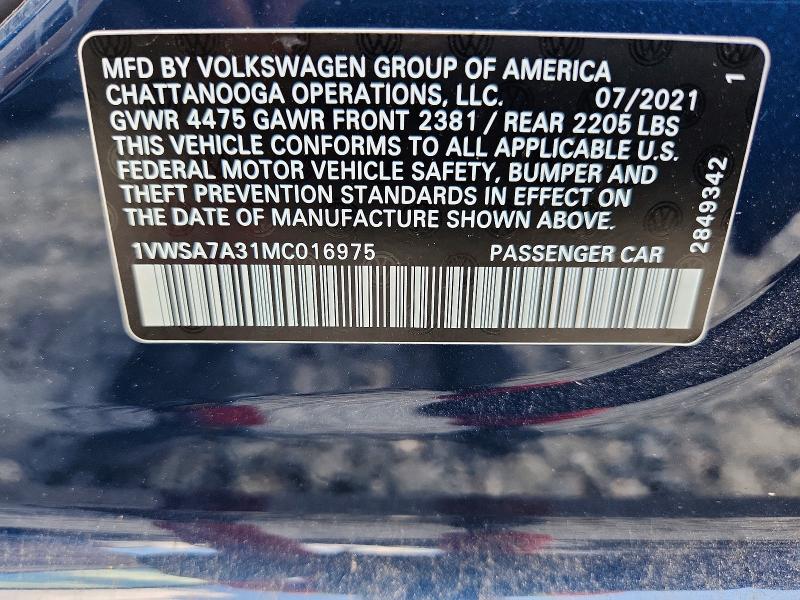 67411126 :رقم المزاد ، 1VWSA7A31MC016975 vin ، 2021 Volkswagen Passat مزاد بيع