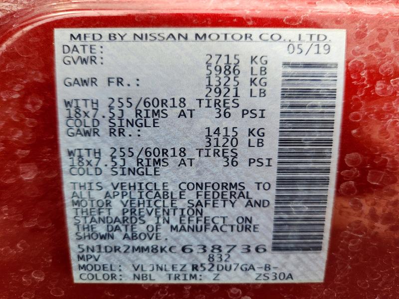 Aukcja sprzedaży 2019 Nissan Pathfinder, vin: 5N1DR2MM8KC638736, numer aukcji: 68653216