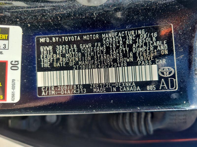 Auction sale of the 2016 Toyota Corolla, vin: 2T1BURHE4GC729488, lot number: 69042966