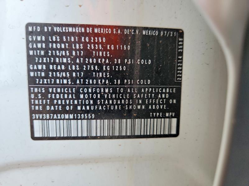 Aukcja sprzedaży 2021 Volkswagen Tiguan, vin: 3VV3B7AX0MM139559, numer aukcji: 69097006