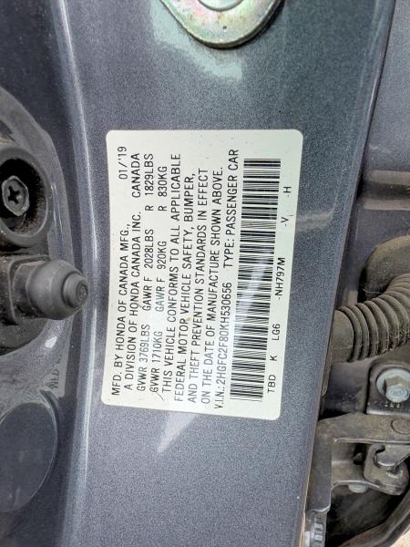 71267326 :رقم المزاد ، 2HGFC2F80KH530656 vin ، 2019 Honda Civic مزاد بيع