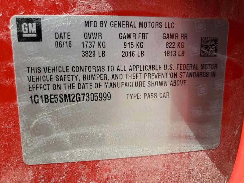69801756 :رقم المزاد ، 1G1BE5SM2G7305999 vin ، 2016 Chevrolet Cruze مزاد بيع