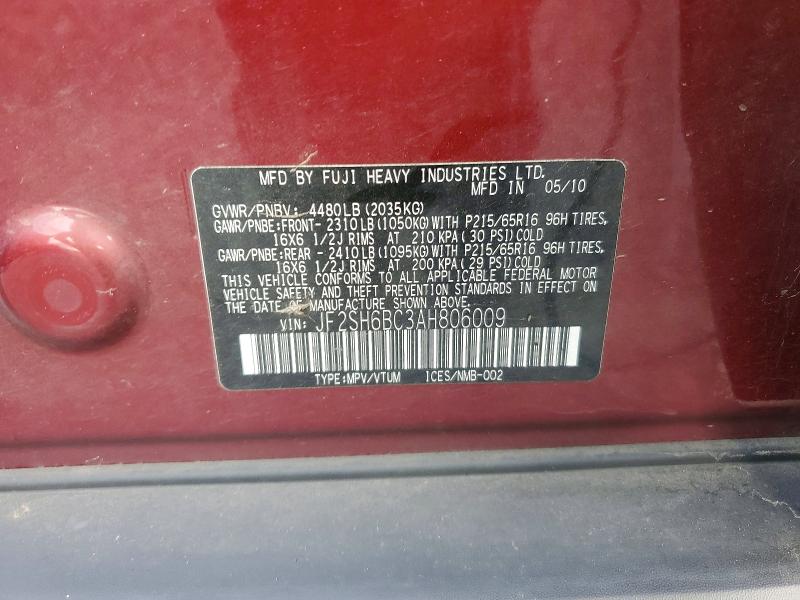 2010 Subaru Forester მანქანა იყიდება აუქციონზე, vin: JF2SH6BC3AH806009, აუქციონის ნომერი: 70742416