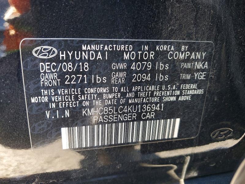 71088796 :رقم المزاد ، KMHC85LC4KU136941 vin ، 2019 Hyundai Ioniq مزاد بيع
