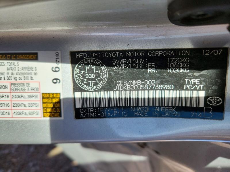 Продаж на аукціоні авто 2008 Toyota Prius, vin: JTDKB20U587738980, номер лоту: 70838856