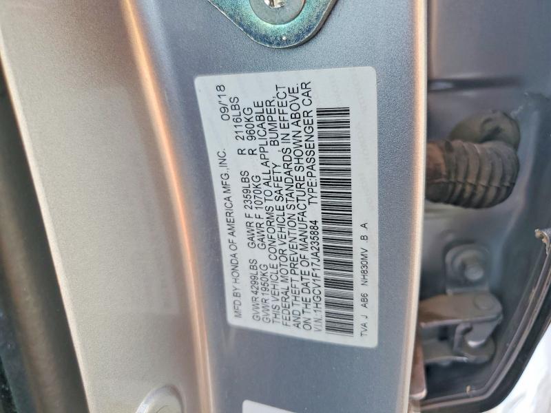2018 Honda Accord მანქანა იყიდება აუქციონზე, vin: 1HGCV1F17JA235884, აუქციონის ნომერი: 70450076